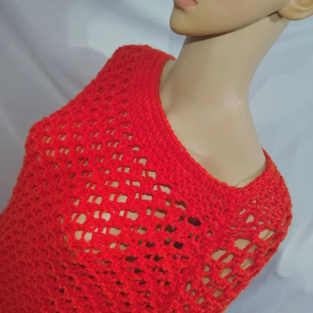 70s Crochet Poncho Red Fringe Boho Festivals Caplet Grannycore Cottagecore Knit